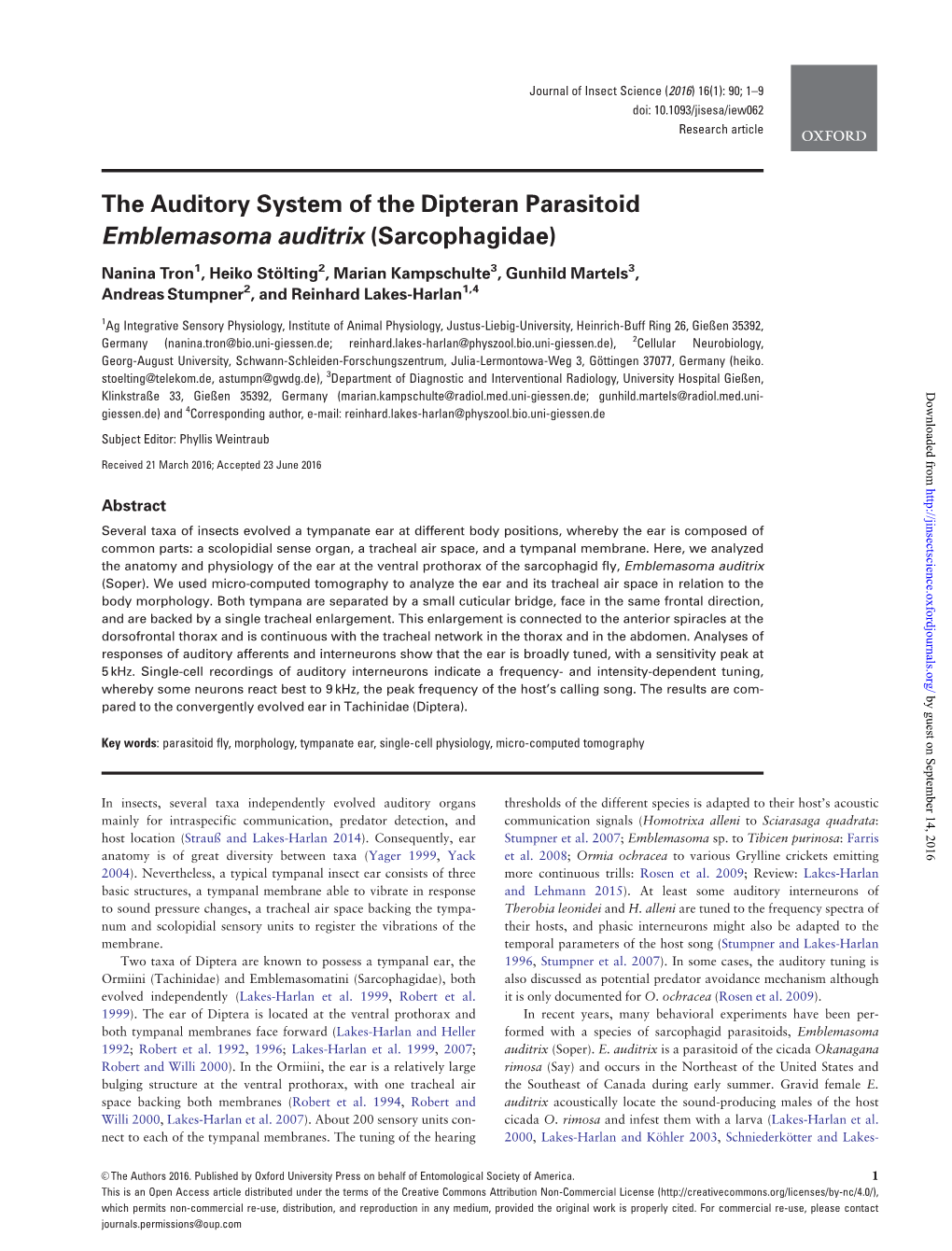 The Auditory System of the Dipteran Parasitoid Emblemasoma Auditrix (Sarcophagidae)