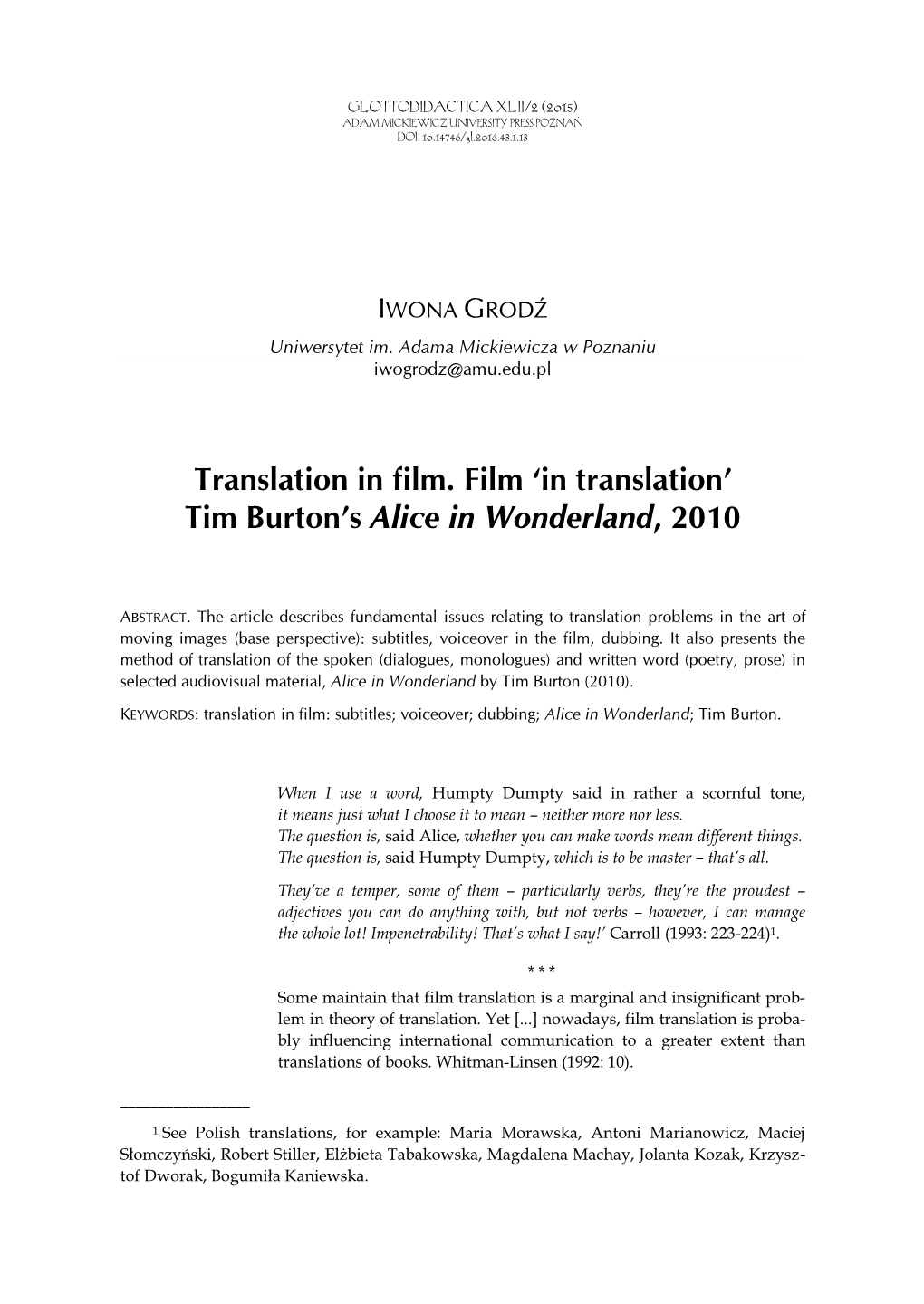 Translation in Film. Film ‘In Translation’ Tim Burton’S Alice in Wonderland, 2010