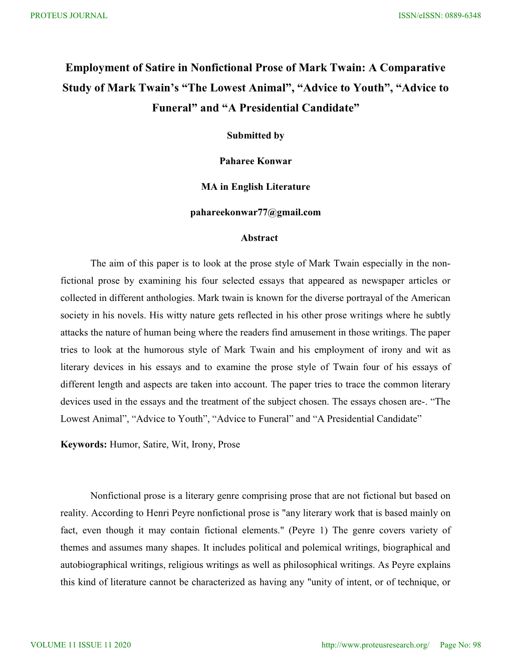 Employment of Satire in Nonfictional Prose of Mark Twain: A