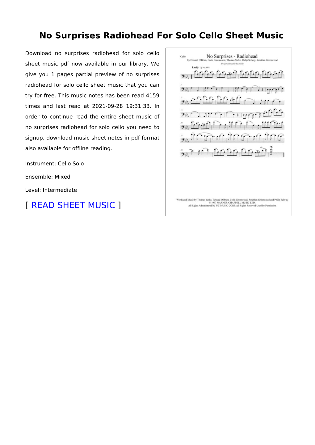 No Surprises Radiohead for Solo Cello Sheet Music