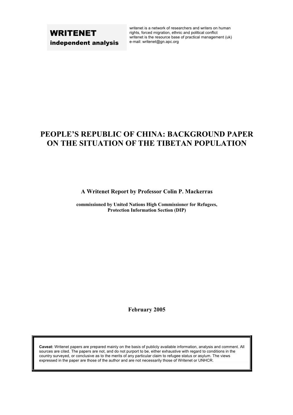 People's Republic of China: Background Paper on the Situation of the Tibetan Population