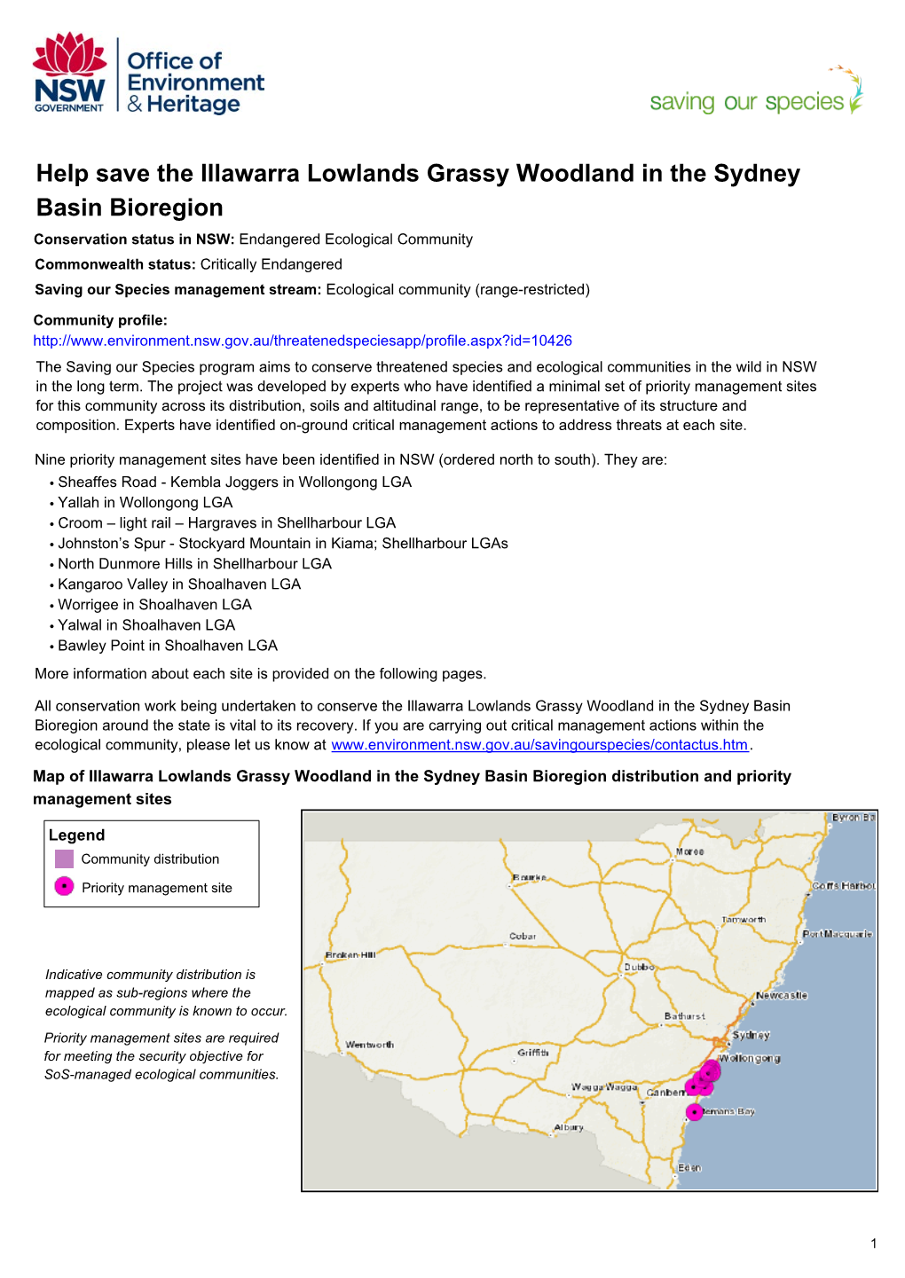 Help Save the Illawarra Lowlands Grassy Woodland in the Sydney Basin Bioregion Priorities Action Statement Draft