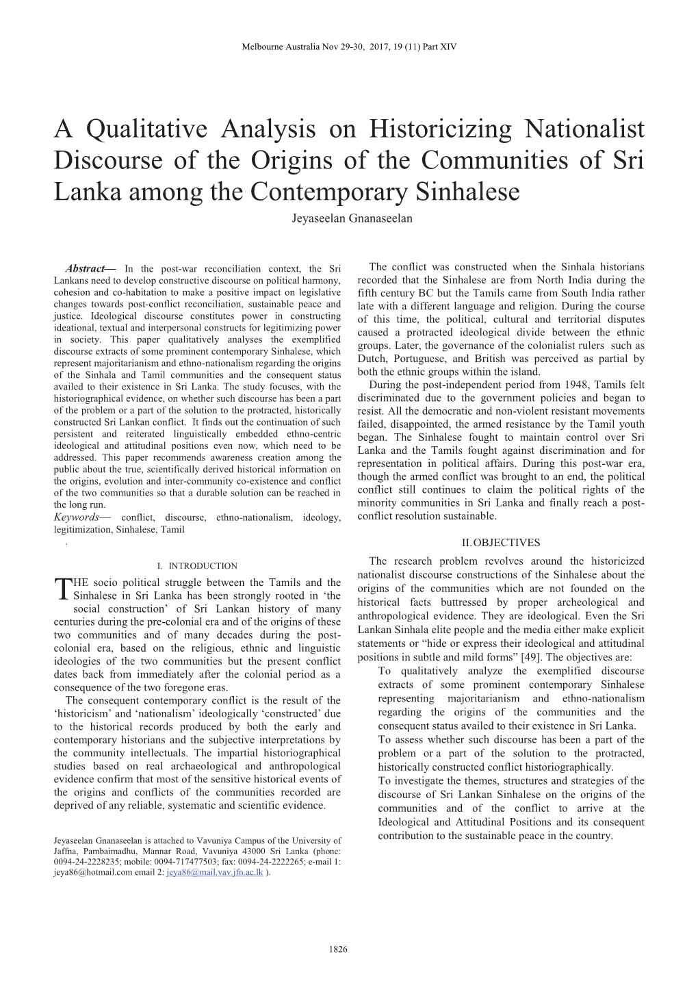 A Qualitative Analysis on Historicizing Nationalist Discourse of the Origins of the Communities of Sri Lanka Among the Contemporary Sinhalese Jeyaseelan Gnanaseelan