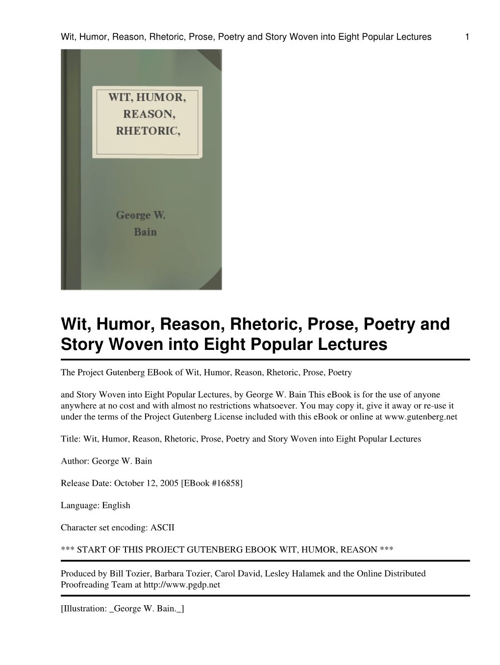 Wit, Humor, Reason, Rhetoric, Prose, Poetry and Story Woven Into Eight Popular Lectures 1