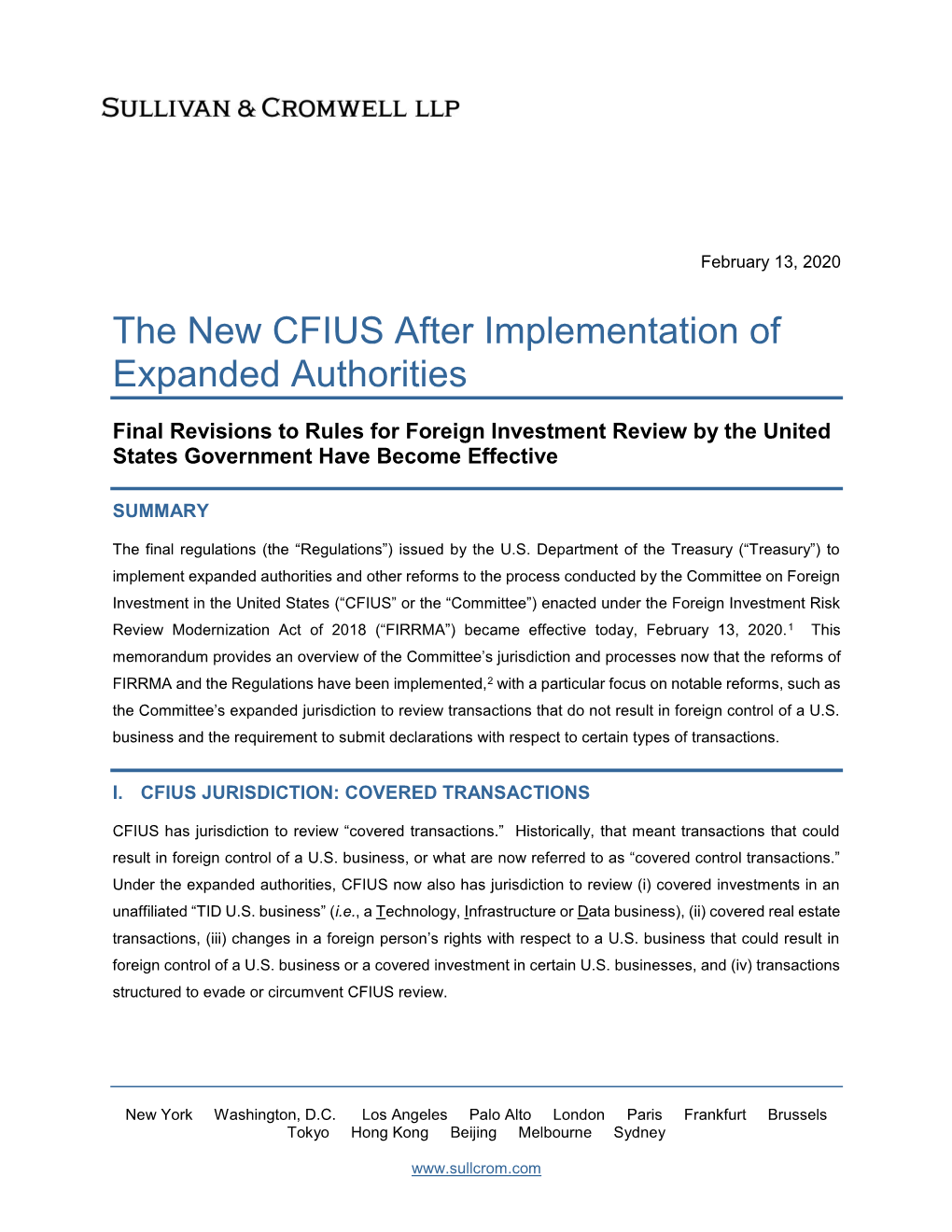 The New CFIUS After Implementation of Expanded Authorities