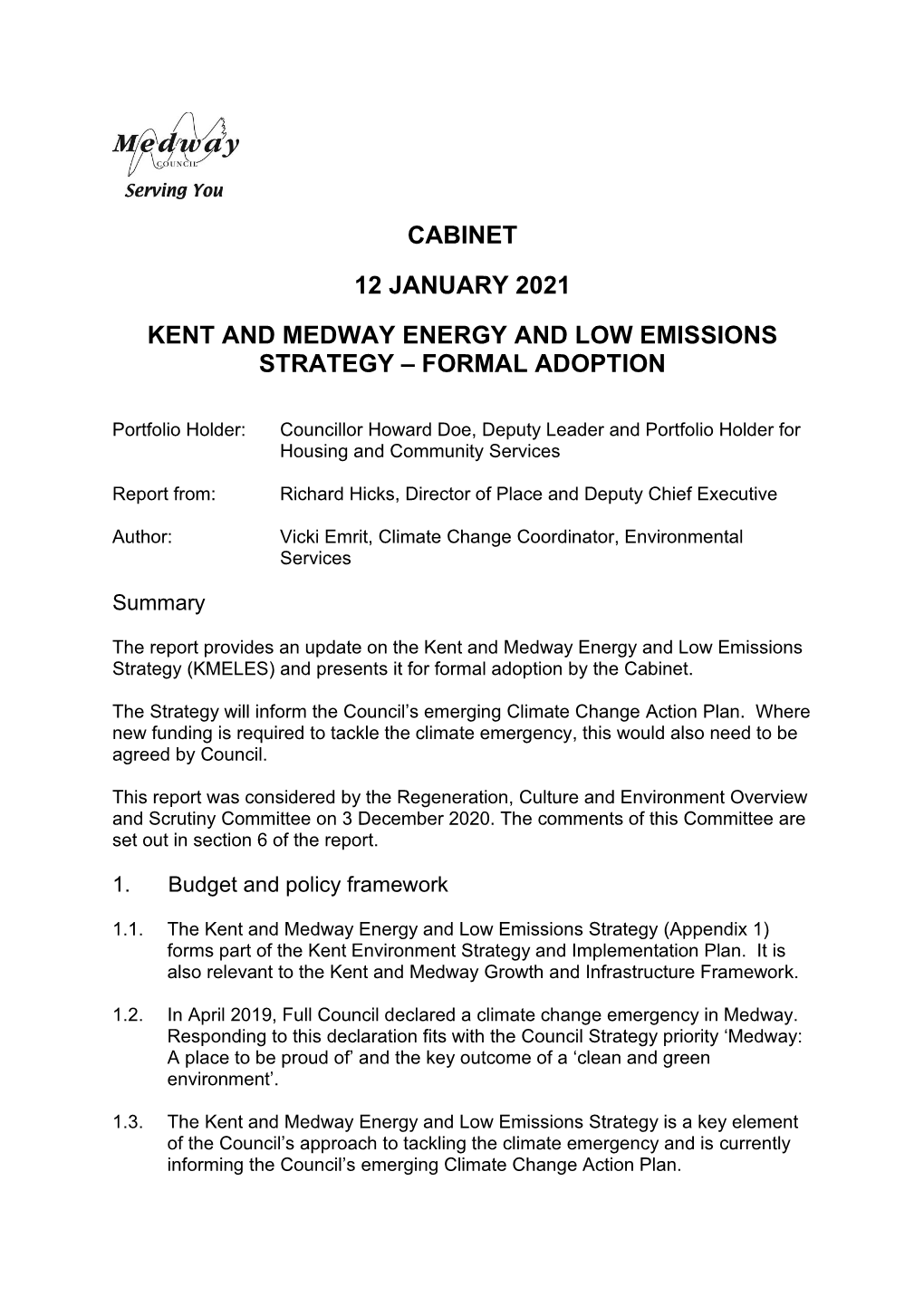 Kent and Medway Energy and Low Emissions Strategy – Formal Adoption