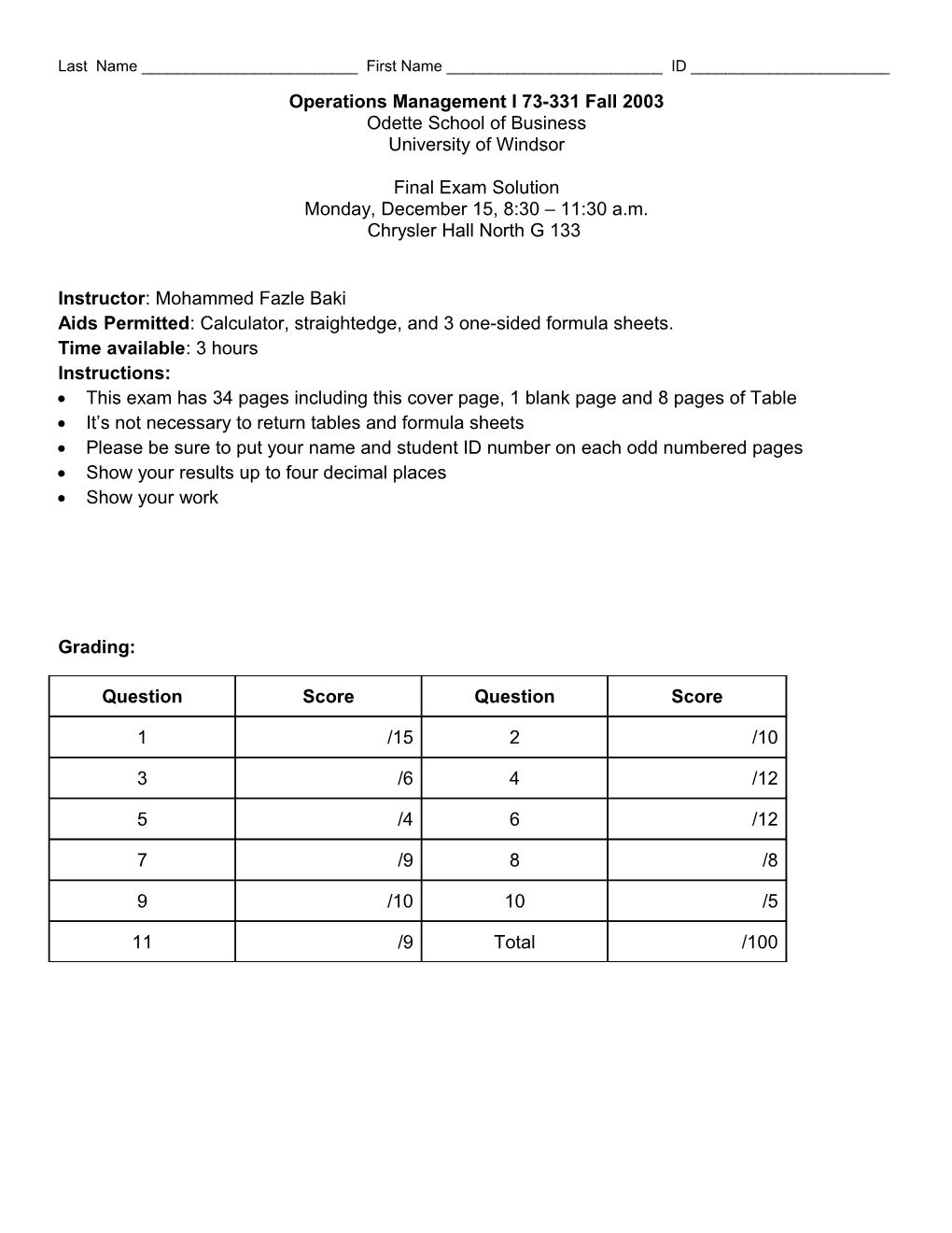 Operations Management I 73-331 Fall 2003