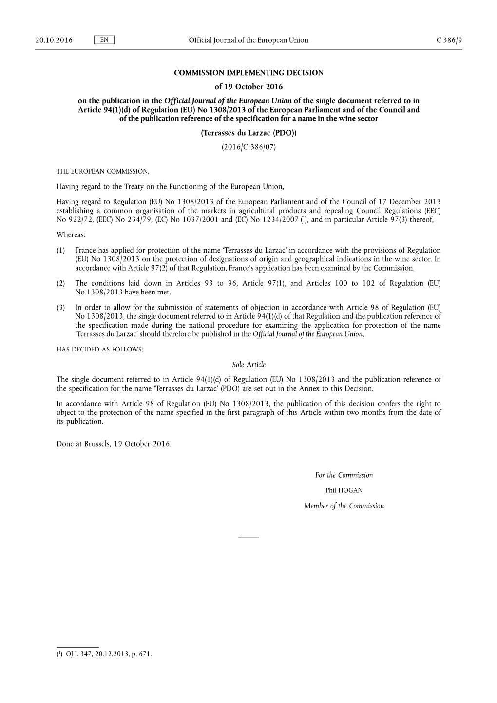 Commission Implementing Decision of 19 October 2016