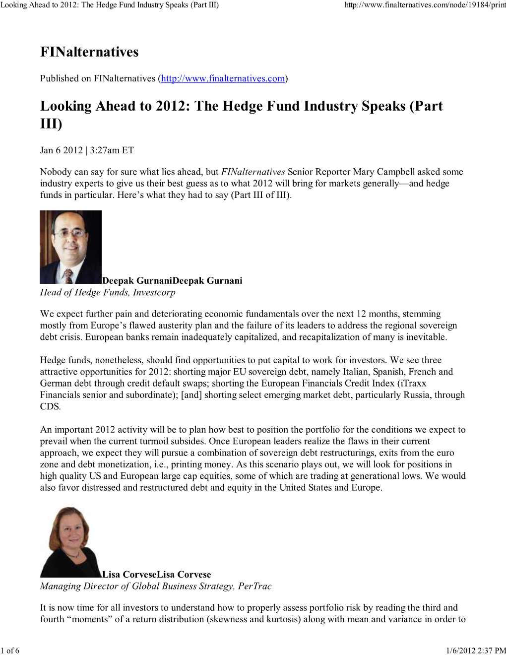 Looking Ahead to 2012: the Hedge Fund Industry Speaks (Part III)