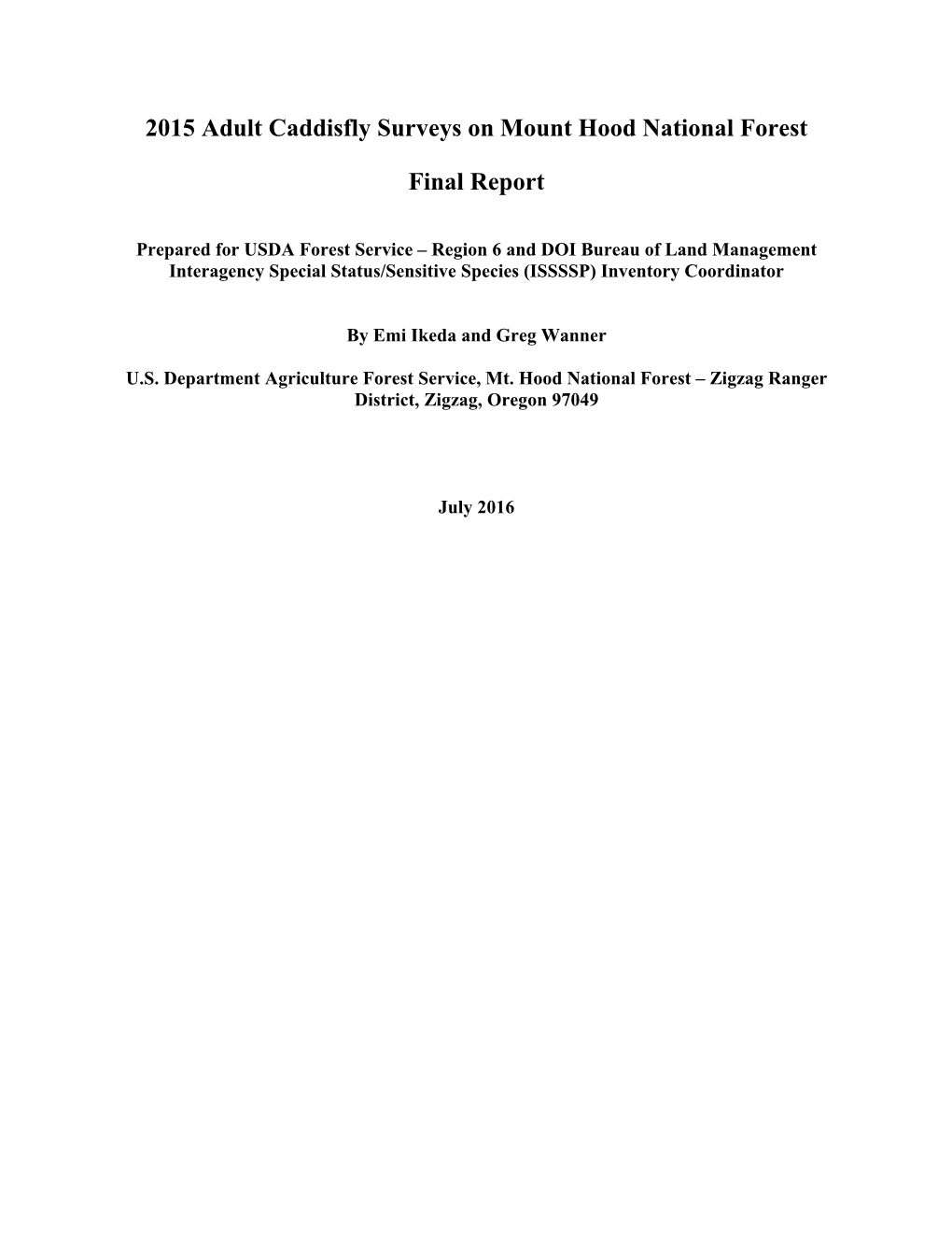 Mount Hood Adult Caddisfly Report