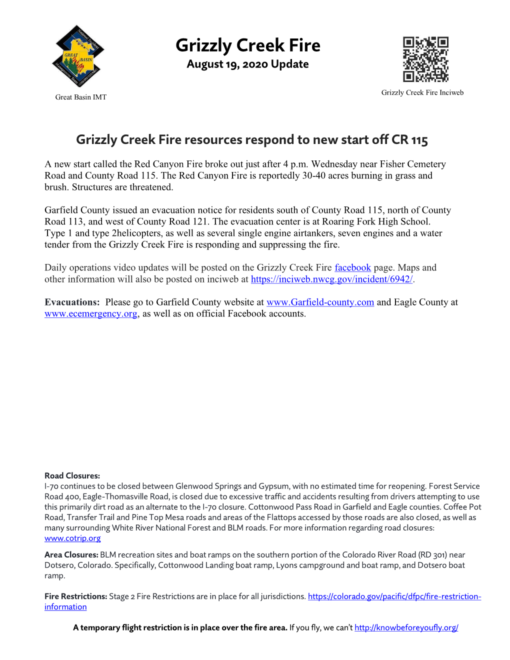 Grizzly Creek Fire August 19, 2020 Update