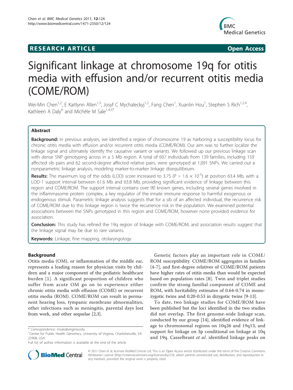 Significant Linkage at Chromosome 19Q for Otitis Media with Effusion