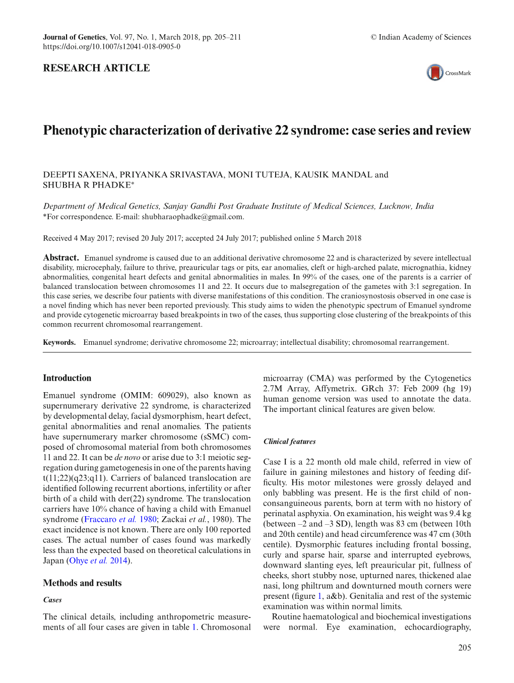 Phenotypic Characterization of Derivative 22 Syndrome: Case Series and Review