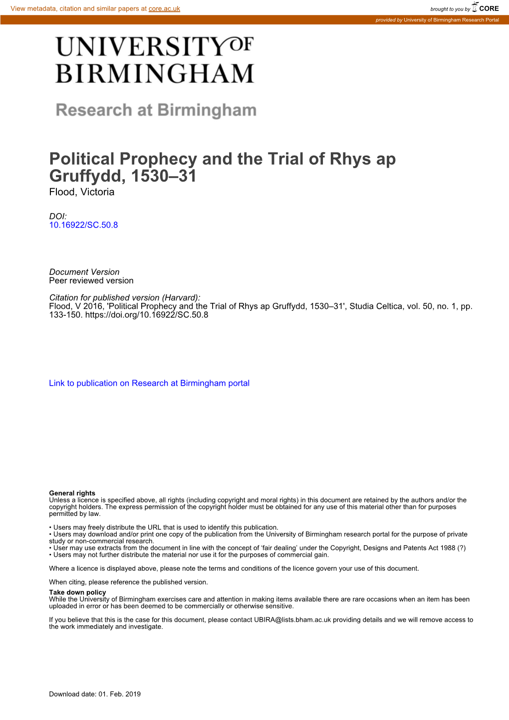 Political Prophecy and the Trial of Rhys Ap Gruffydd, 1530–31 Flood, Victoria