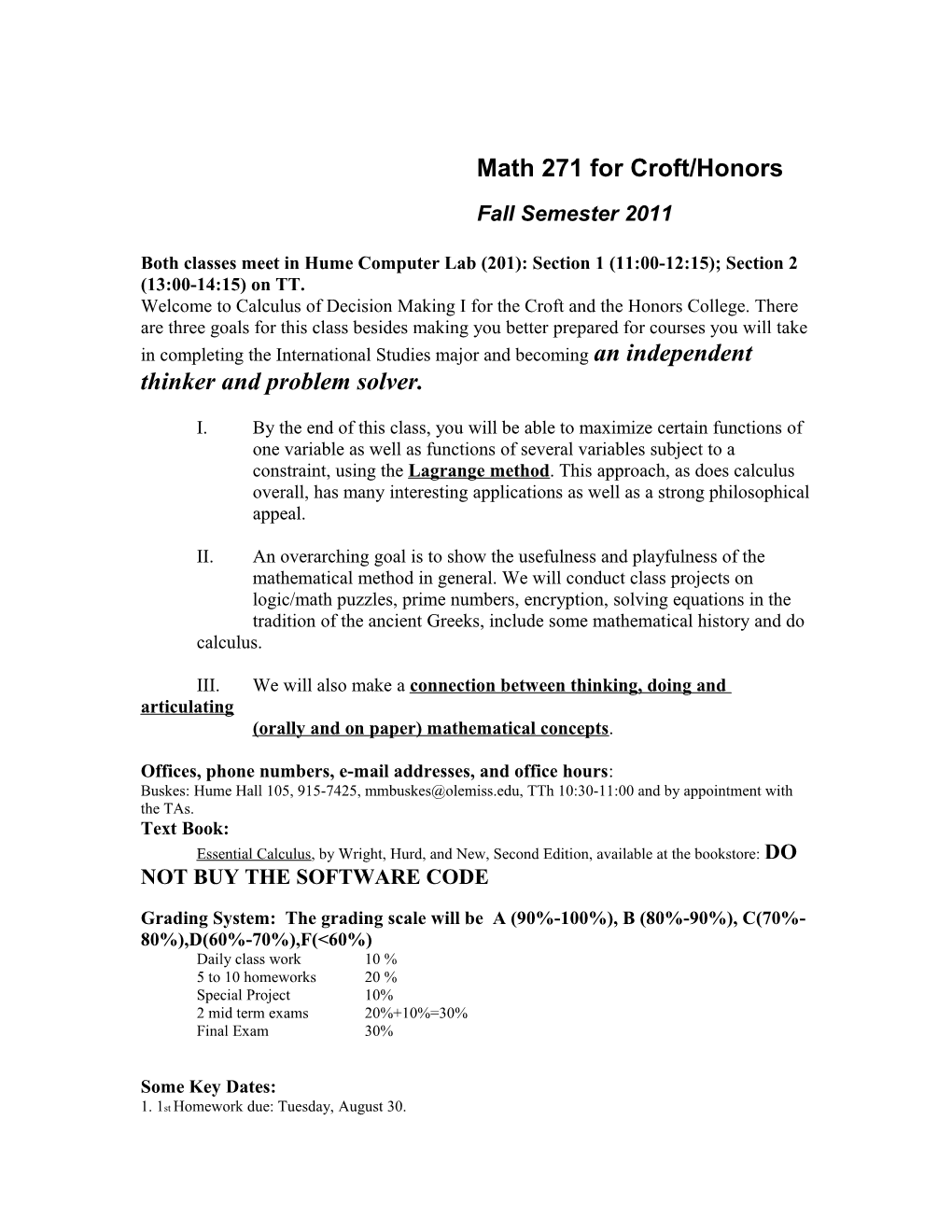 Syllabus: Math 267 Honors / Croft