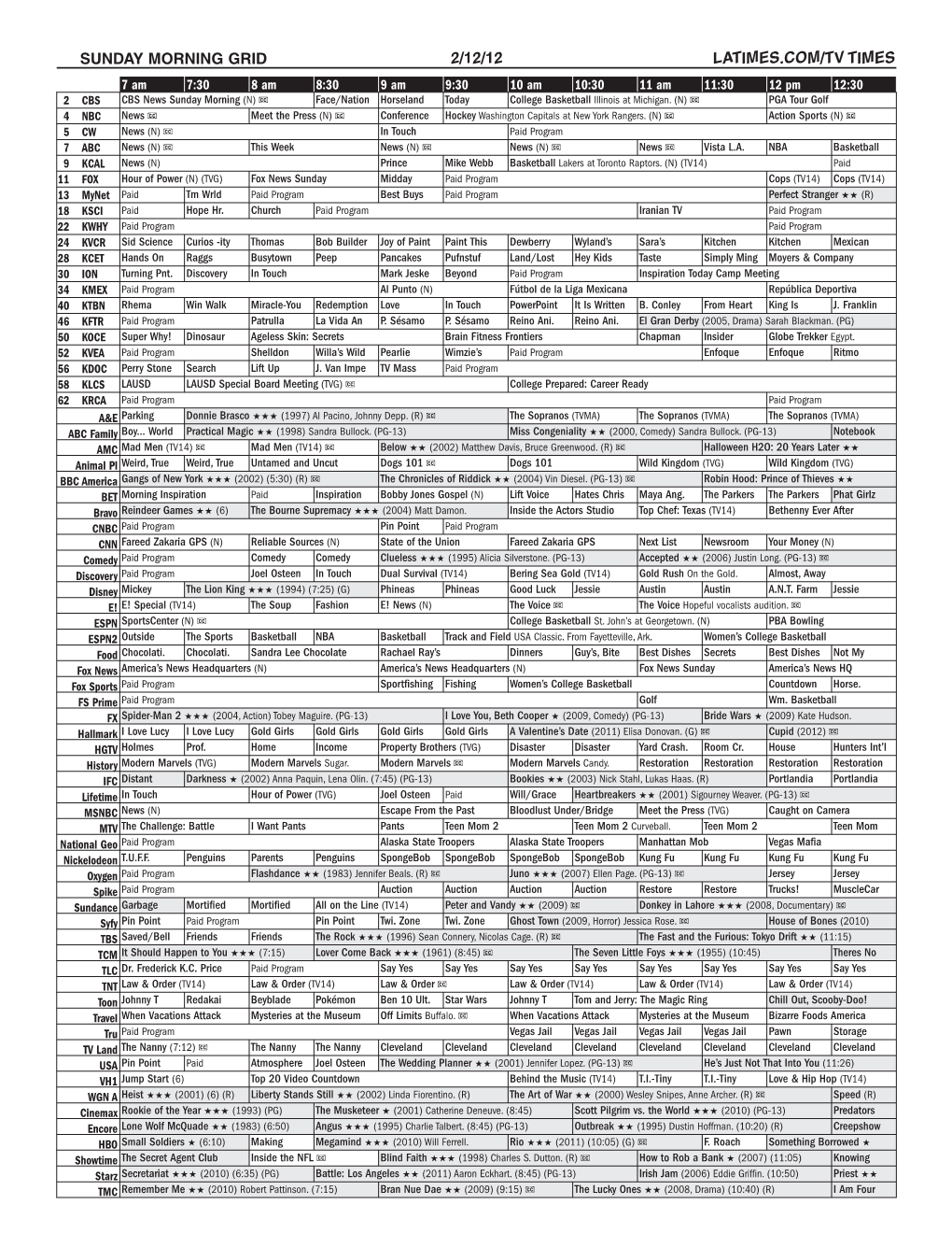 Sunday Morning Grid 2/12/12 Latimes.Com/Tv Times