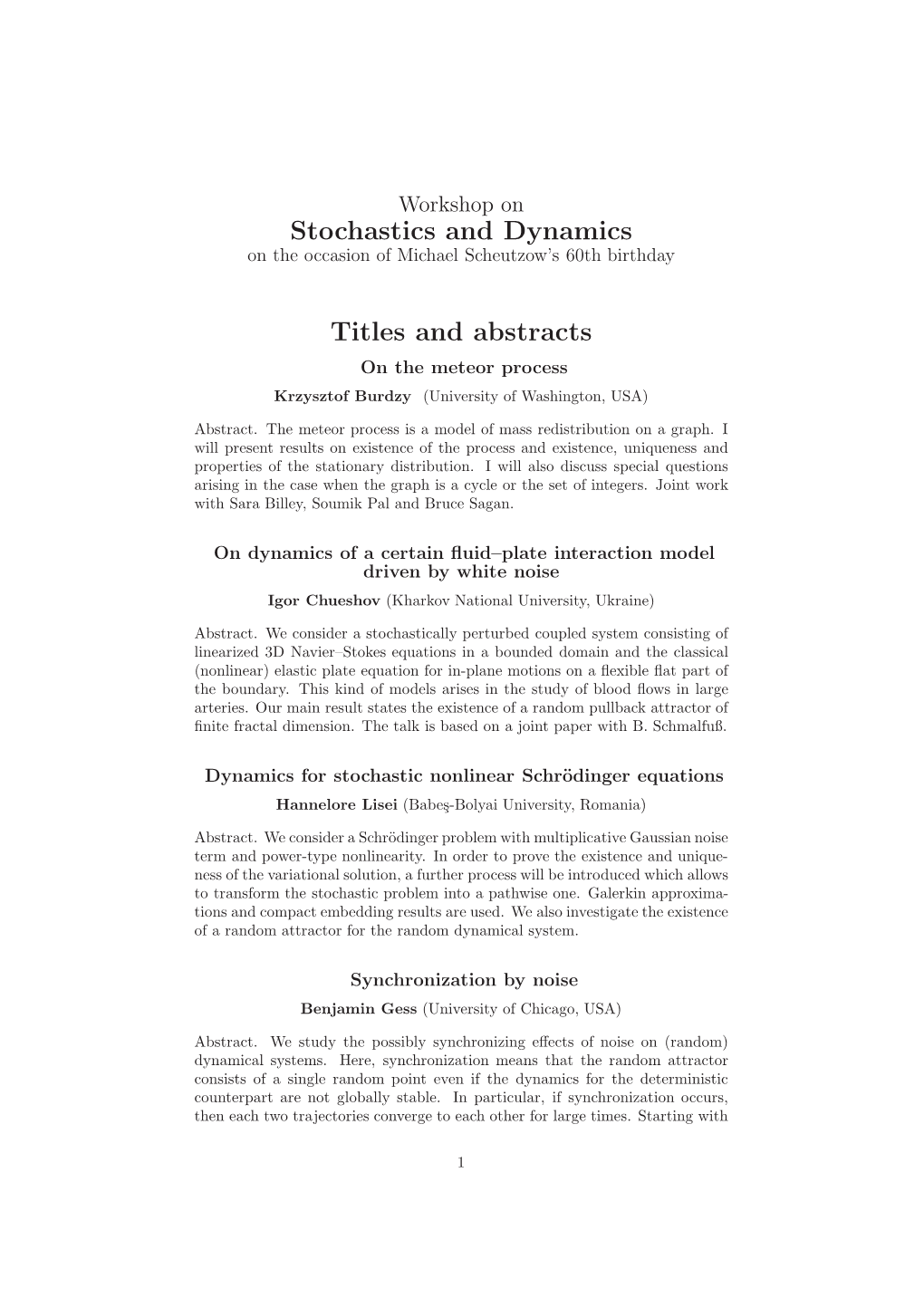 Stochastics and Dynamics Titles and Abstracts