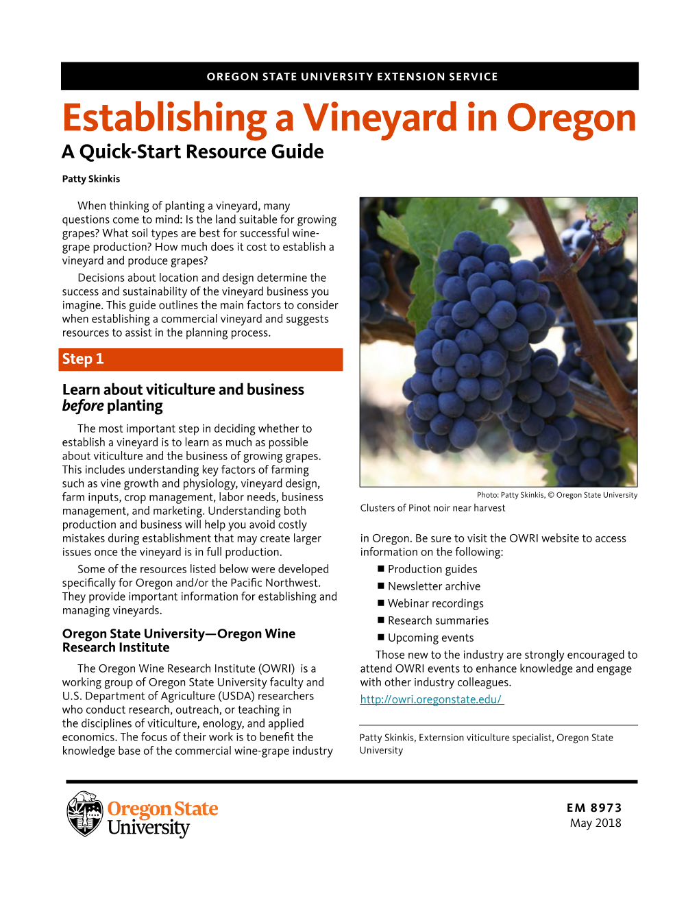 Establishing a Vineyard in Oregon a Quick-Start Resource Guide