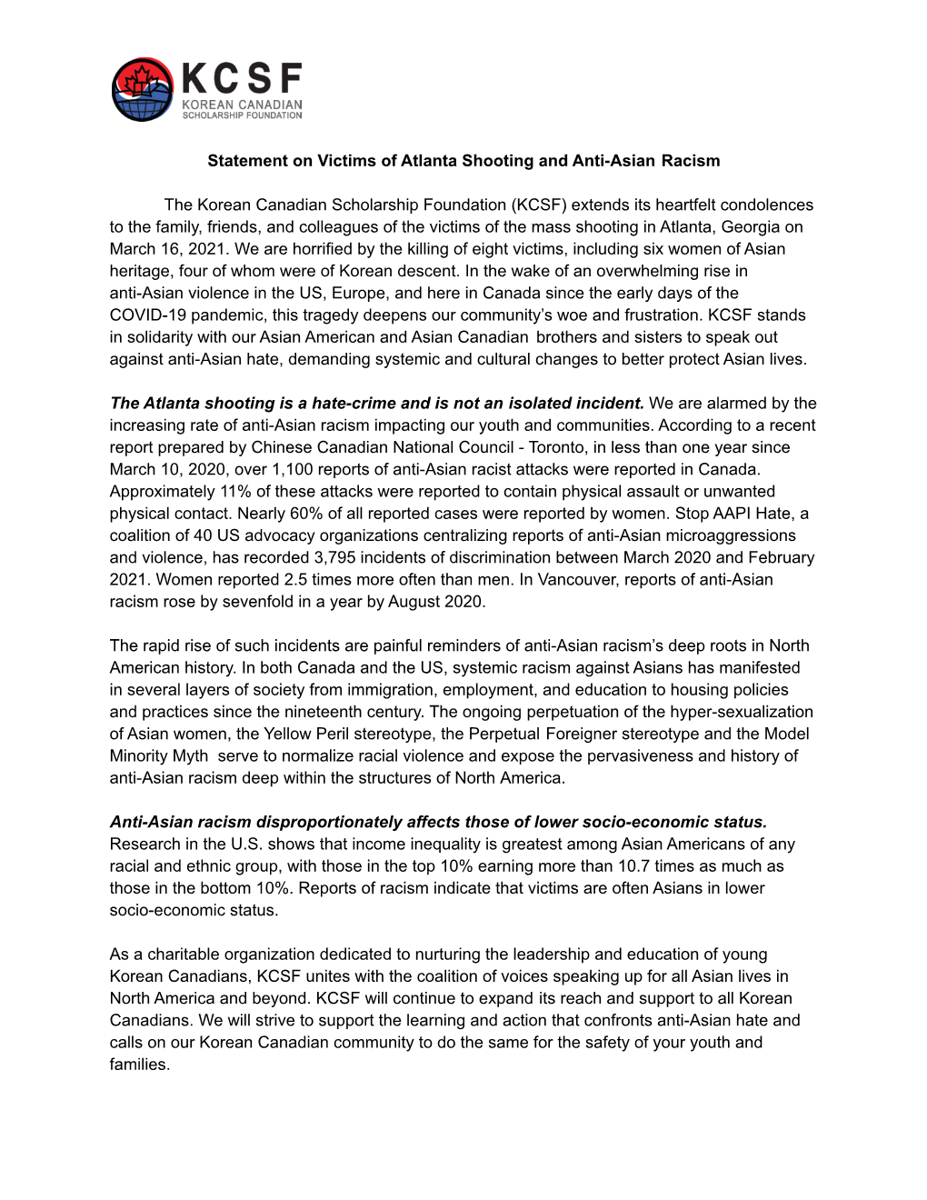KCSF Statement on Victims of Atlanta Shooting and Anti-Asian Racism