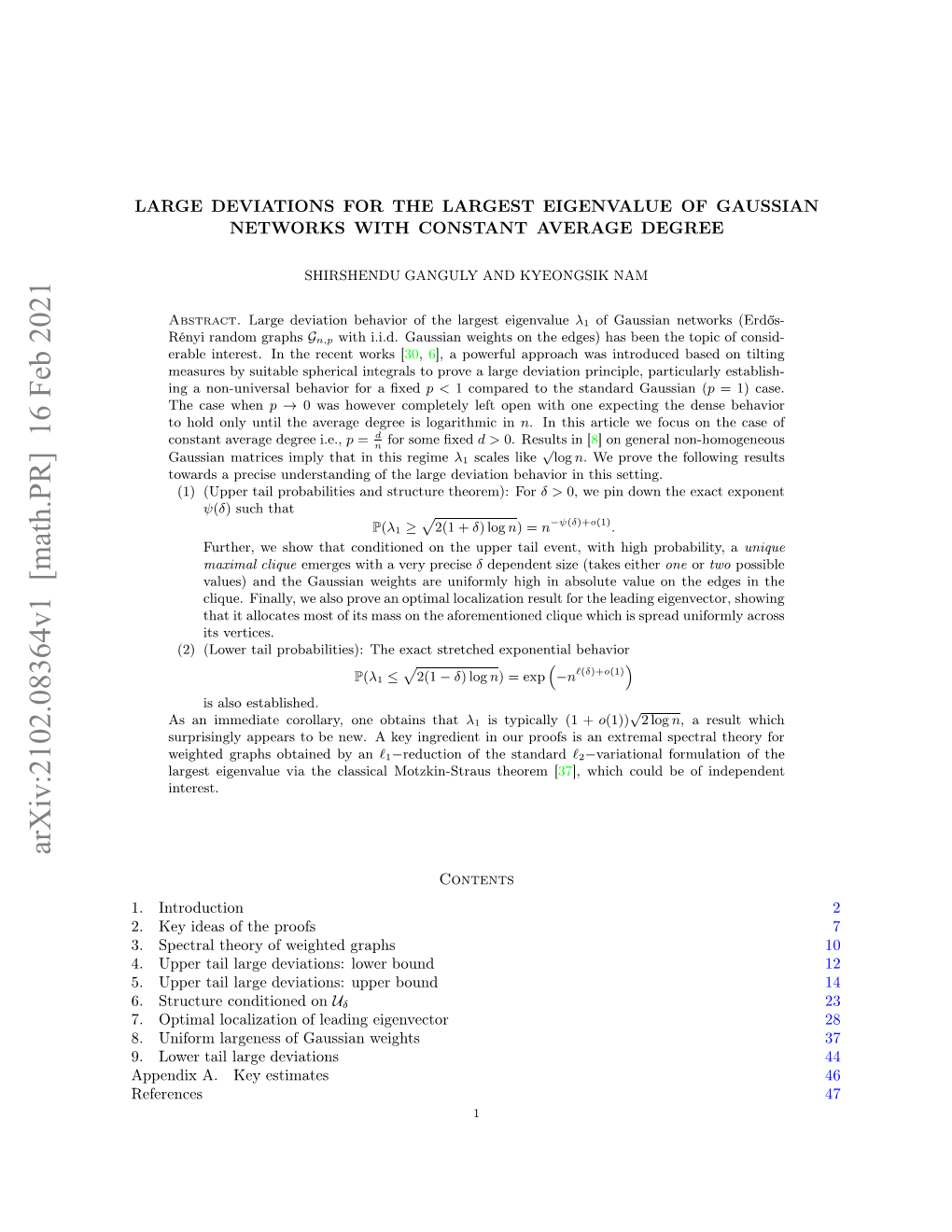 Arxiv:2102.08364V1 [Math.PR] 16 Feb 2021 Pedxa E Estimates Key References Deviations Large A