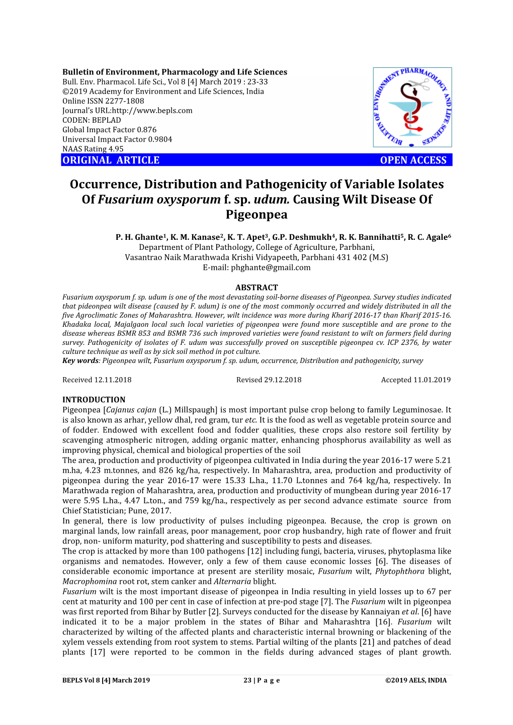 Occurrence, Distribution and Pathogenicity of Variable Isolates of Fusarium Oxysporum F