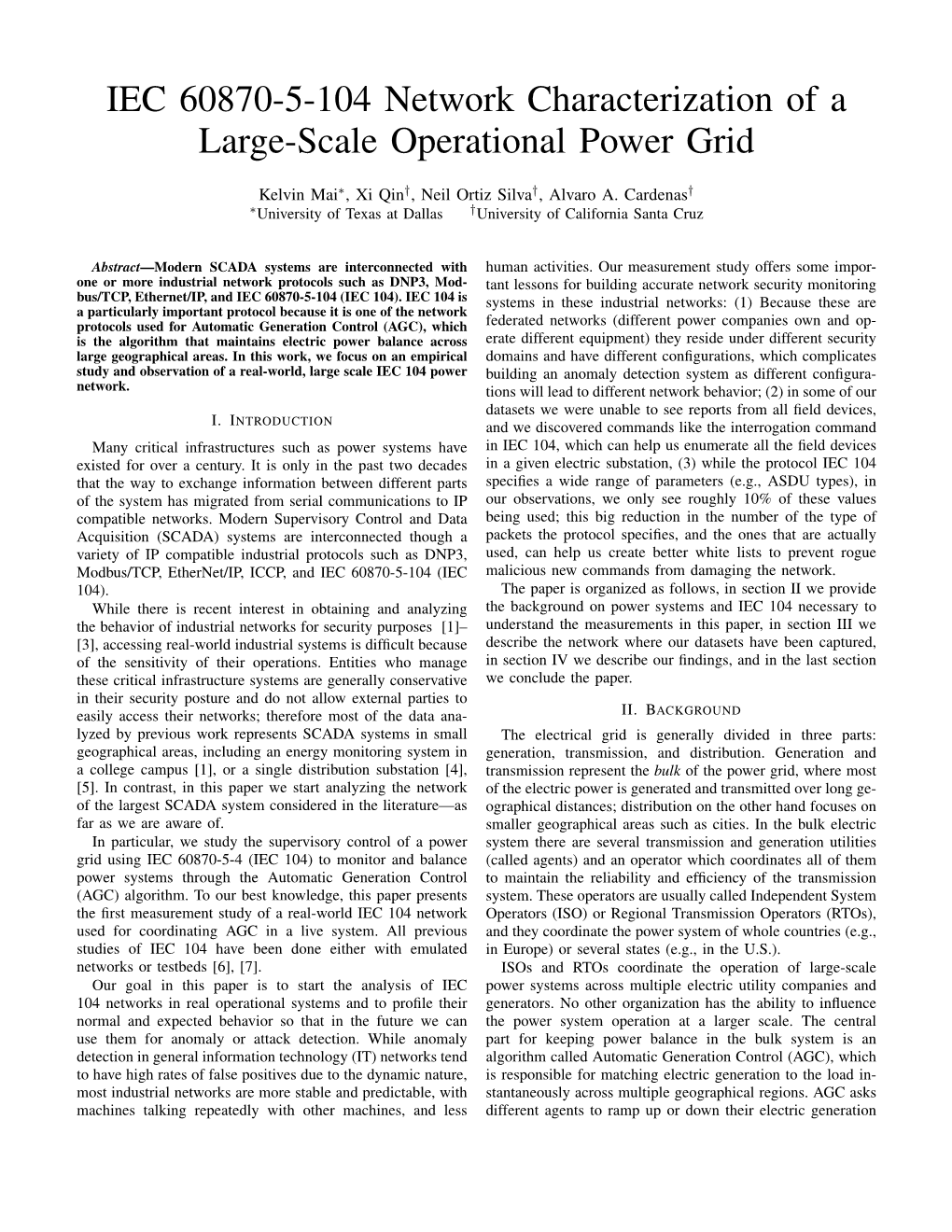 IEC 60870-5-104 Network Characterization of a Large-Scale Operational Power Grid