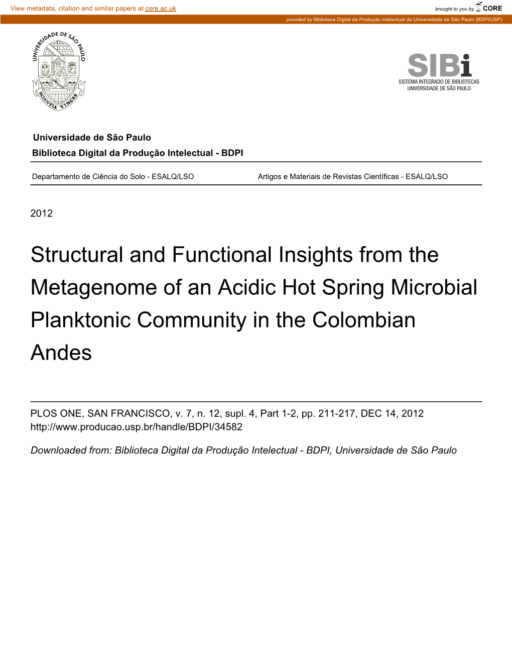 Structural and Functional Insights from the Metagenome of an Acidic Hot Spring Microbial Planktonic Community in the Colombian Andes
