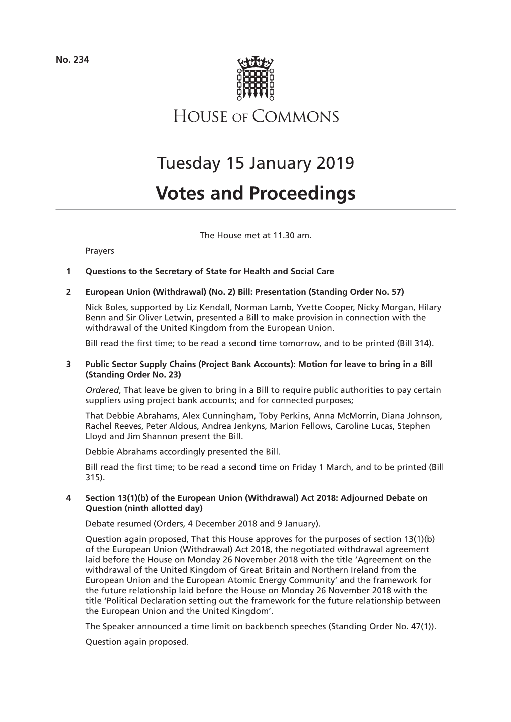 Votes and Proceedings for 15 Jan 2019