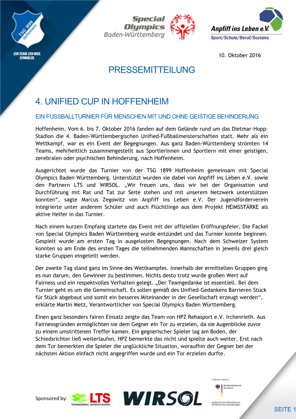 Pressemitteilung 4. Unified Cup in Hoffenheim