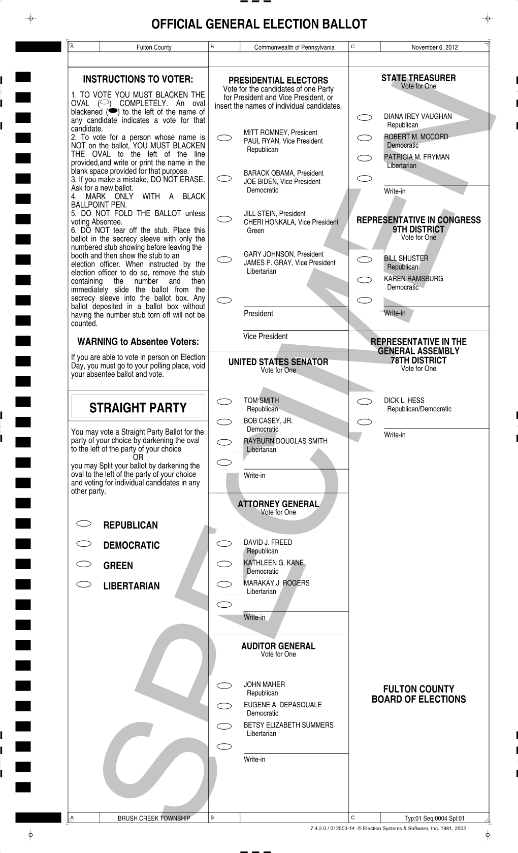 Official General Election Ballot Straight Party