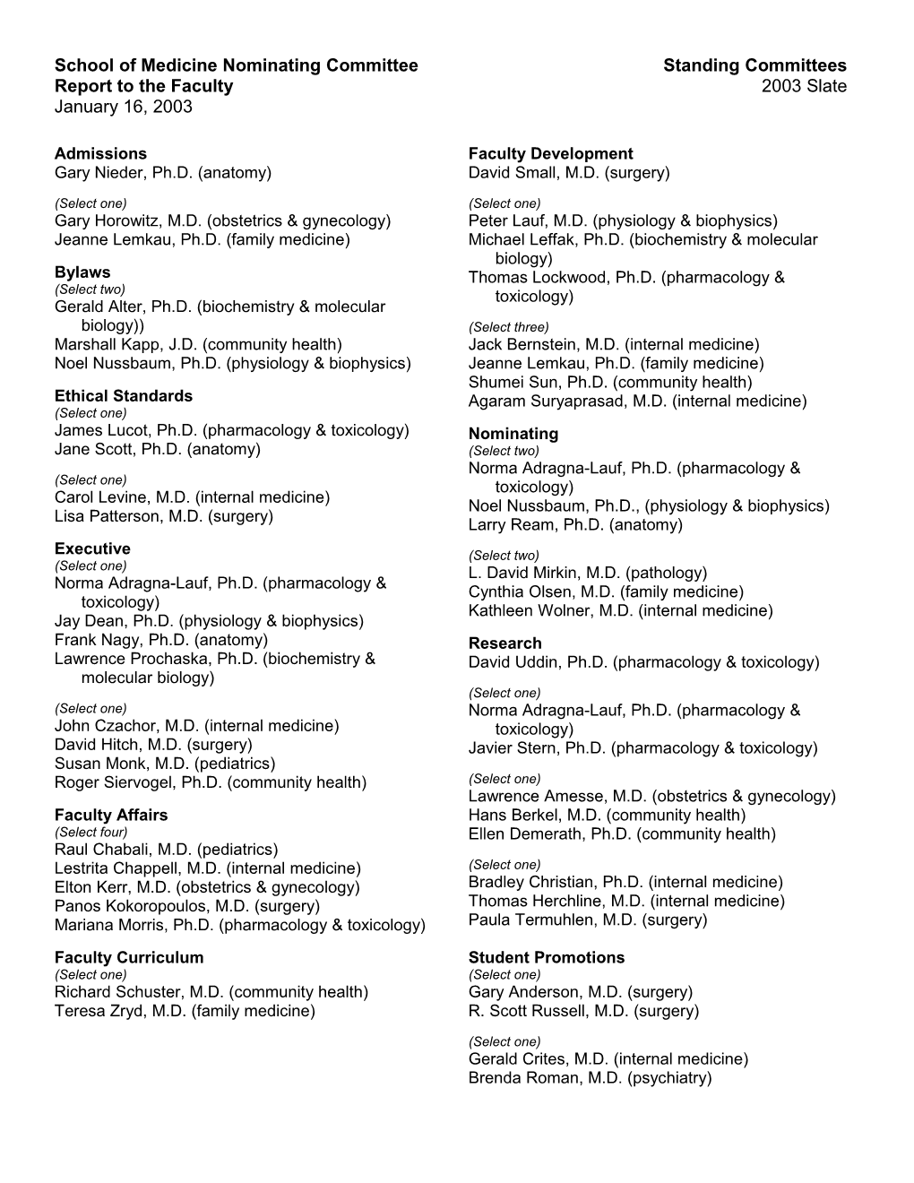 School of Medicine Nominating Committee Standing Committees