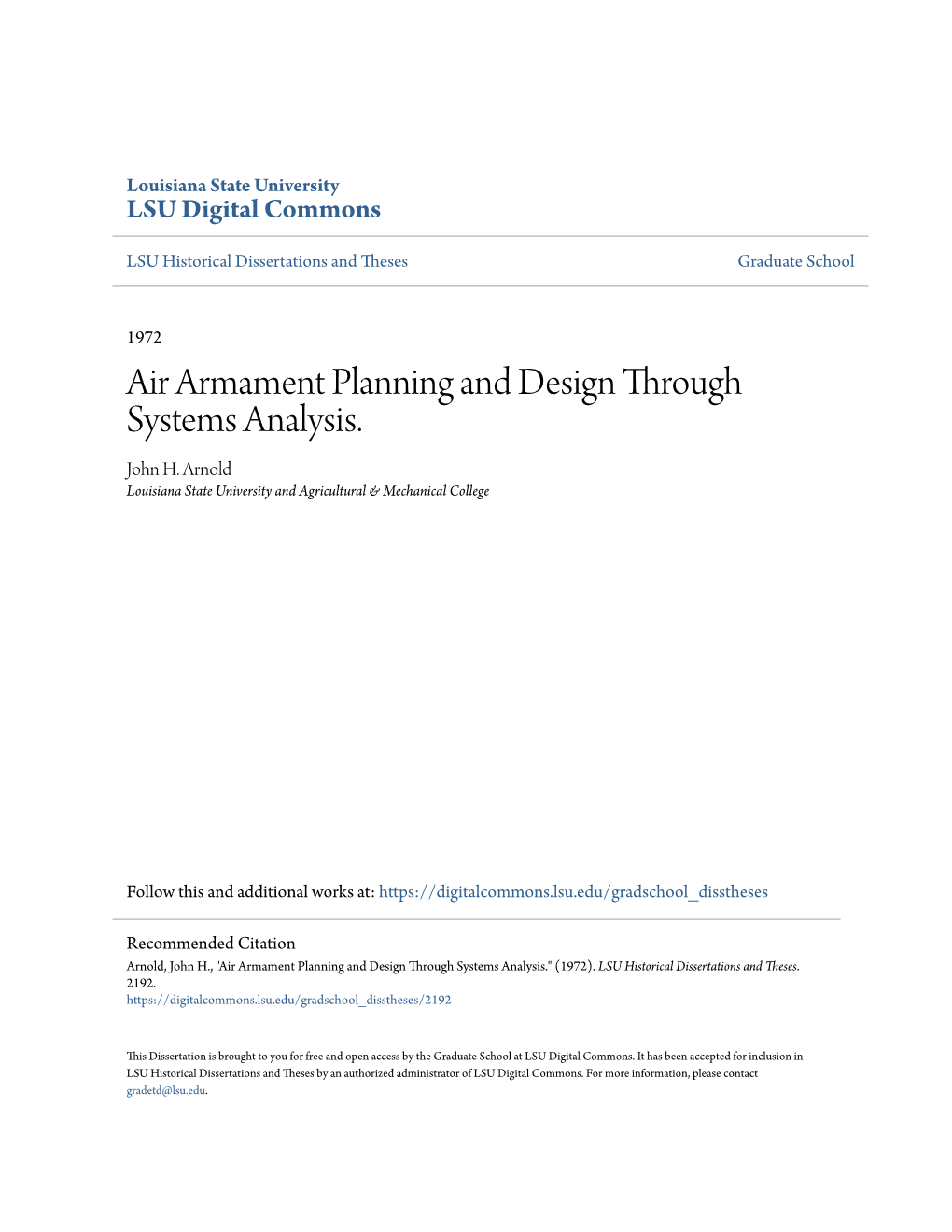 Air Armament Planning and Design Through Systems Analysis. John H