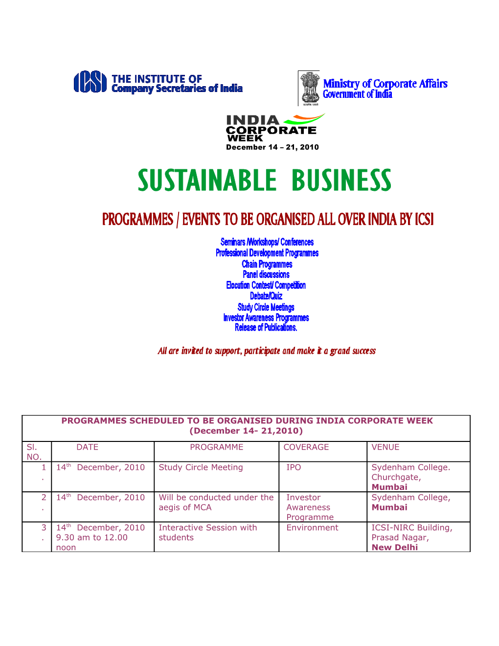 Programmes Scheduled to Be Organised During India Corporate Week