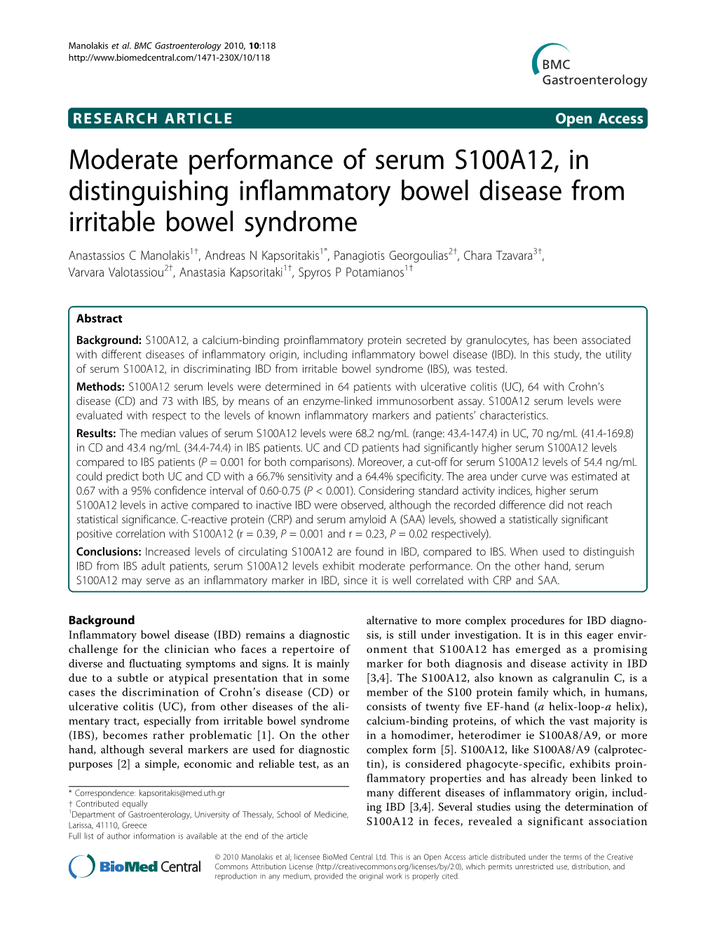 Moderate Performance of Serum S100A12, in Distinguishing