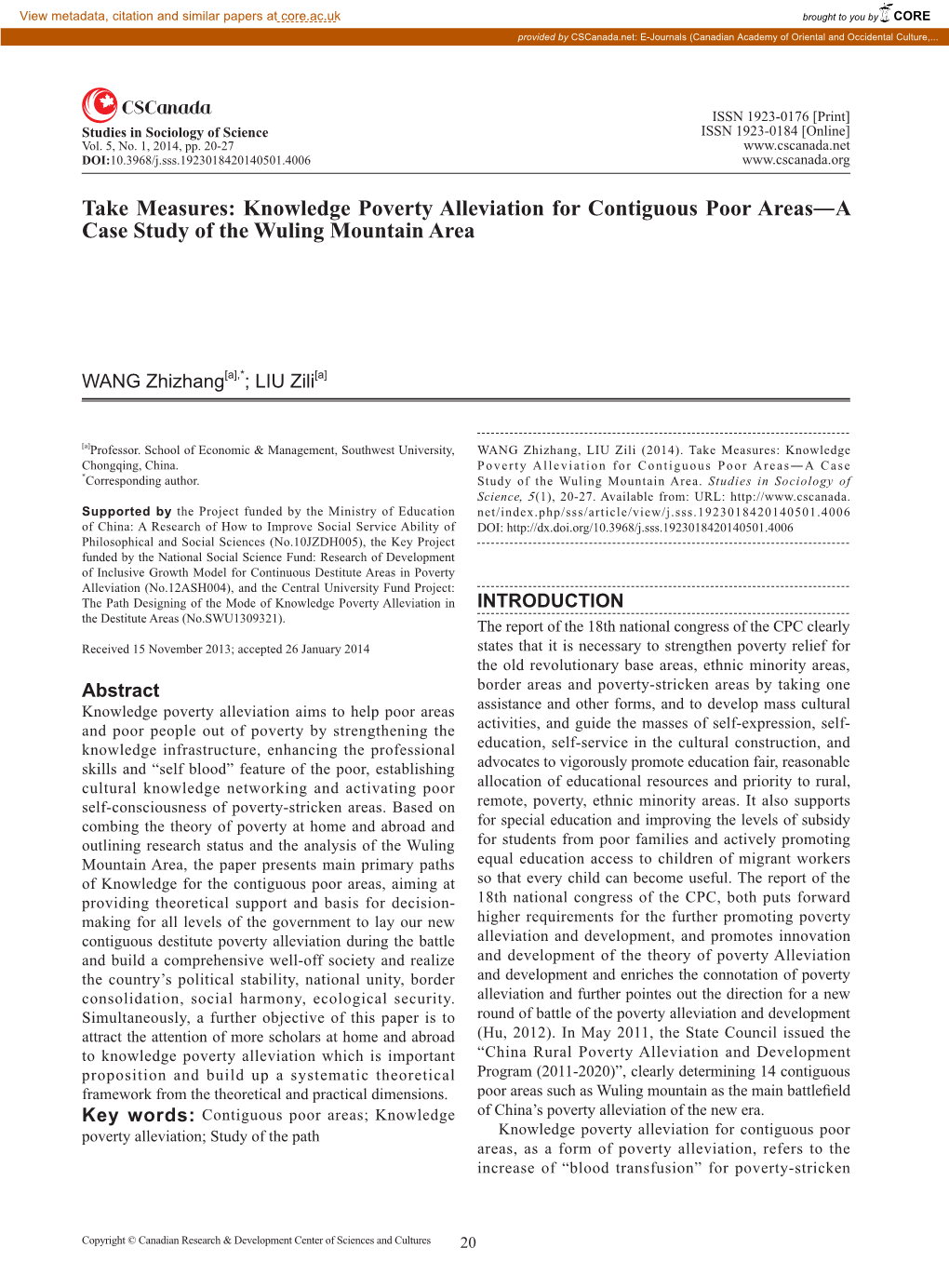 Knowledge Poverty Alleviation for Contiguous Poor Areas―A Case Study of the Wuling Mountain Area