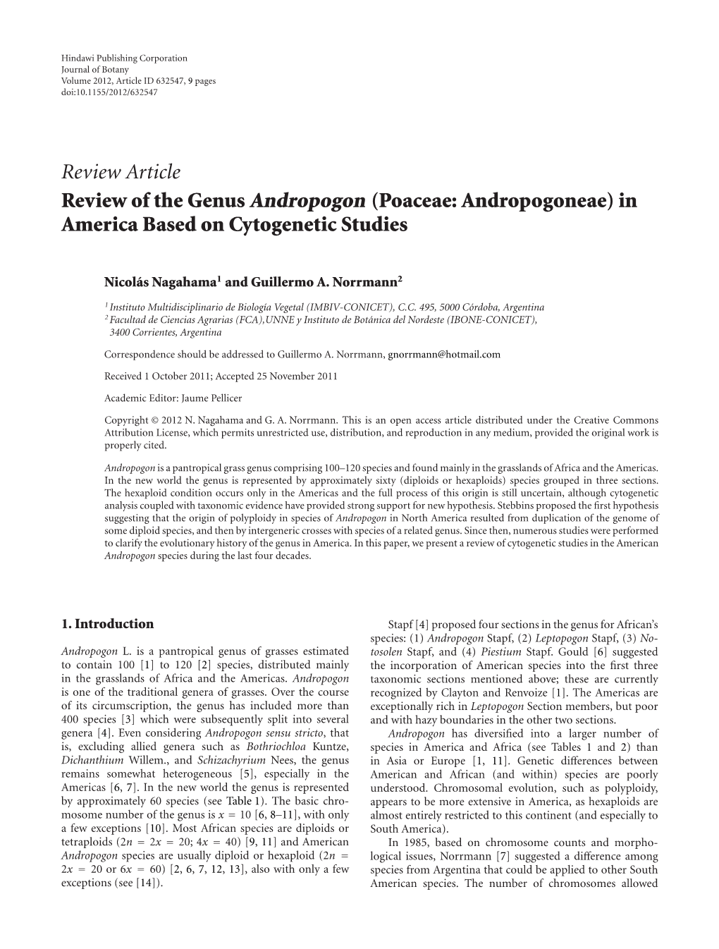 Review of the Genus Andropogon (Poaceae: Andropogoneae) in America Based on Cytogenetic Studies