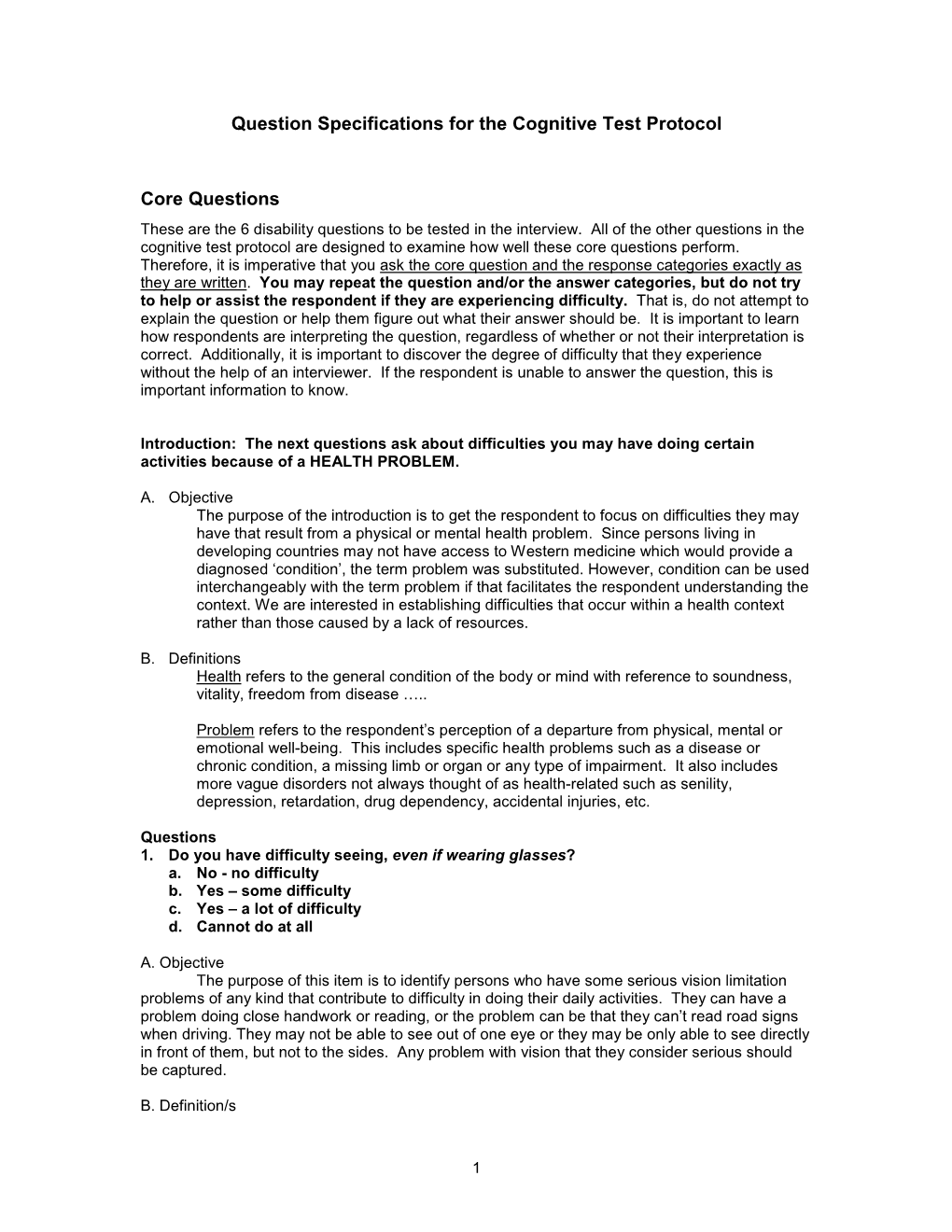Question Specifications for the Cognitive Test Protocol