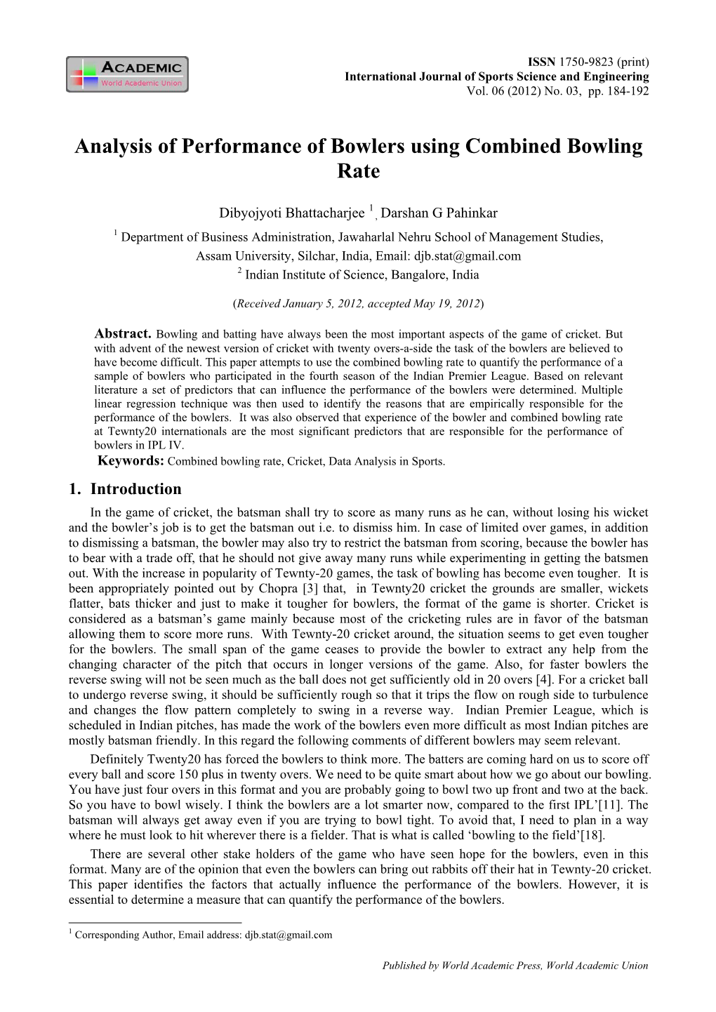 Analysis of Performance of Bowlers Using Combined Bowling Rate