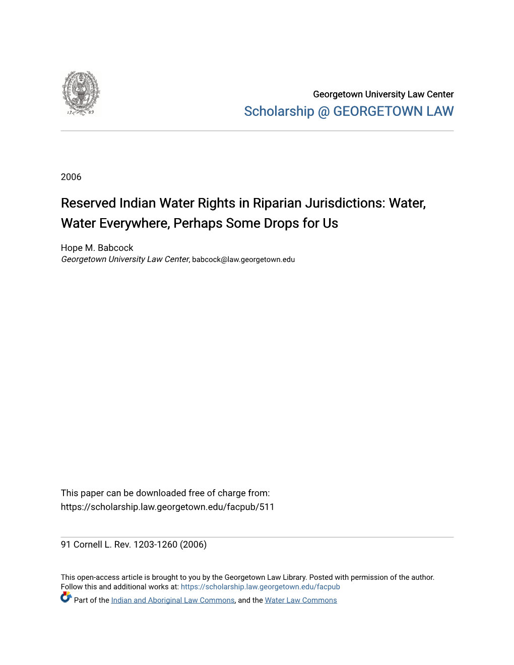 Reserved Indian Water Rights in Riparian Jurisdictions: Water, Water Everywhere, Perhaps Some Drops for Us