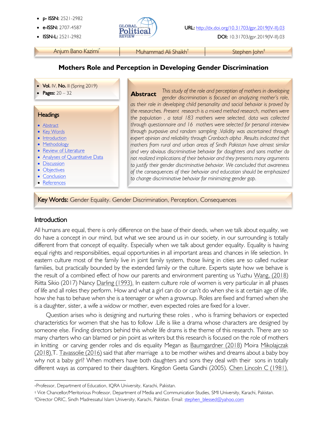 Mothers Role and Perception in Developing Gender Discrimination