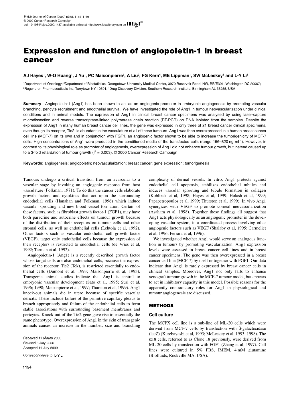 Expression and Function of Angiopoietin-1 in Breast Cancer