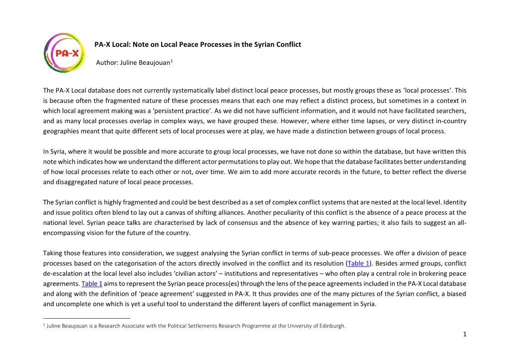 Note on Local Peace Processes in the Syrian Conflict