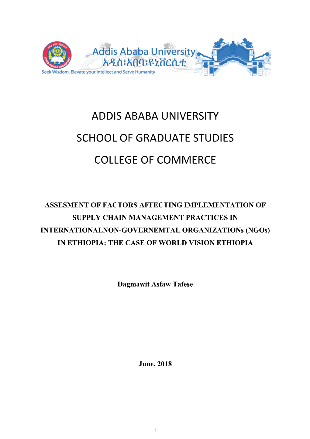 Addis Ababa University School of Graduate Studies College of Commerce