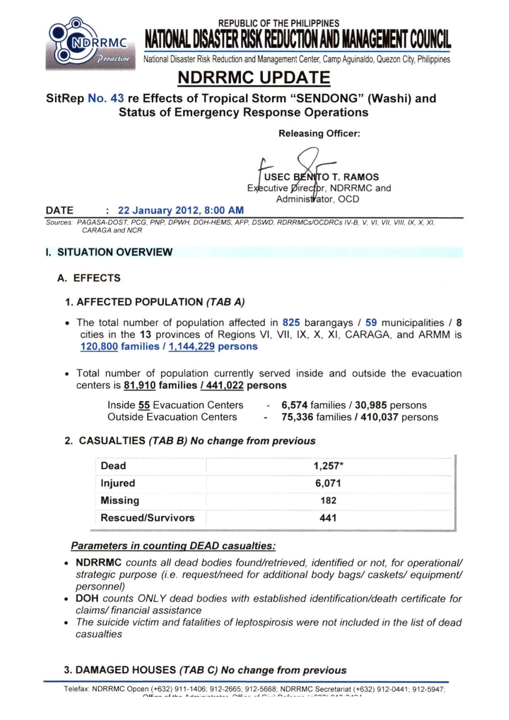 NDRRMC Update Sitrep No.43 Re Effects of TS Sendong