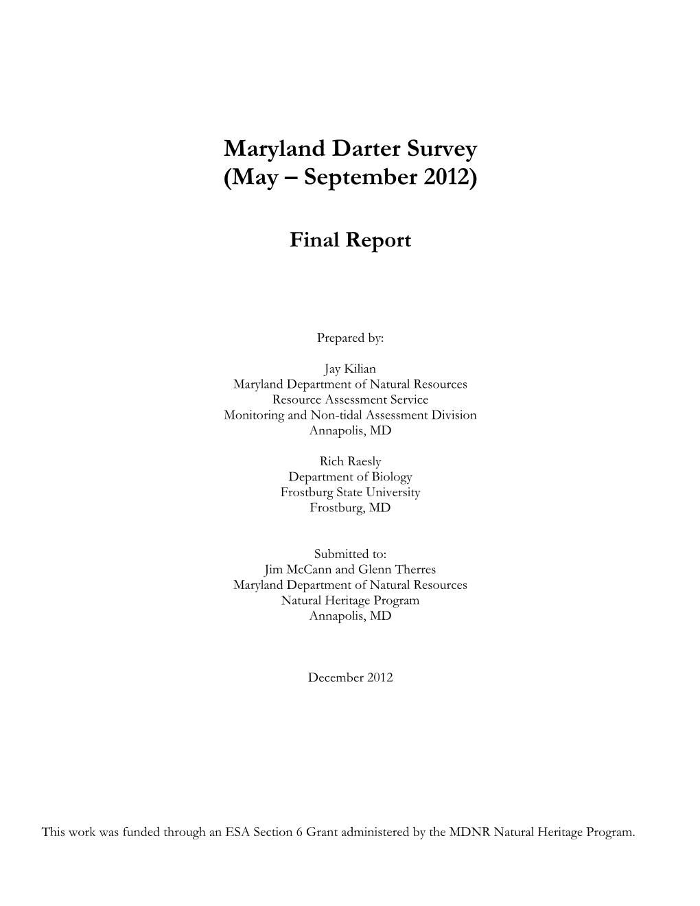 Maryland Darter Survey (May – September 2012)