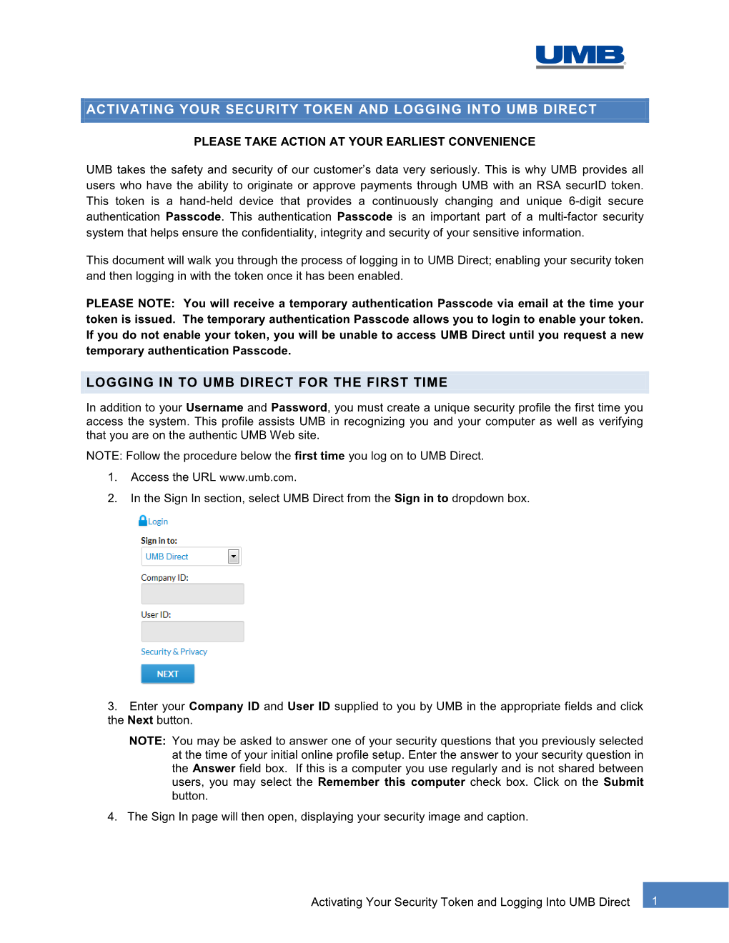Activating Your Security Token and Logging Into Umb Direct
