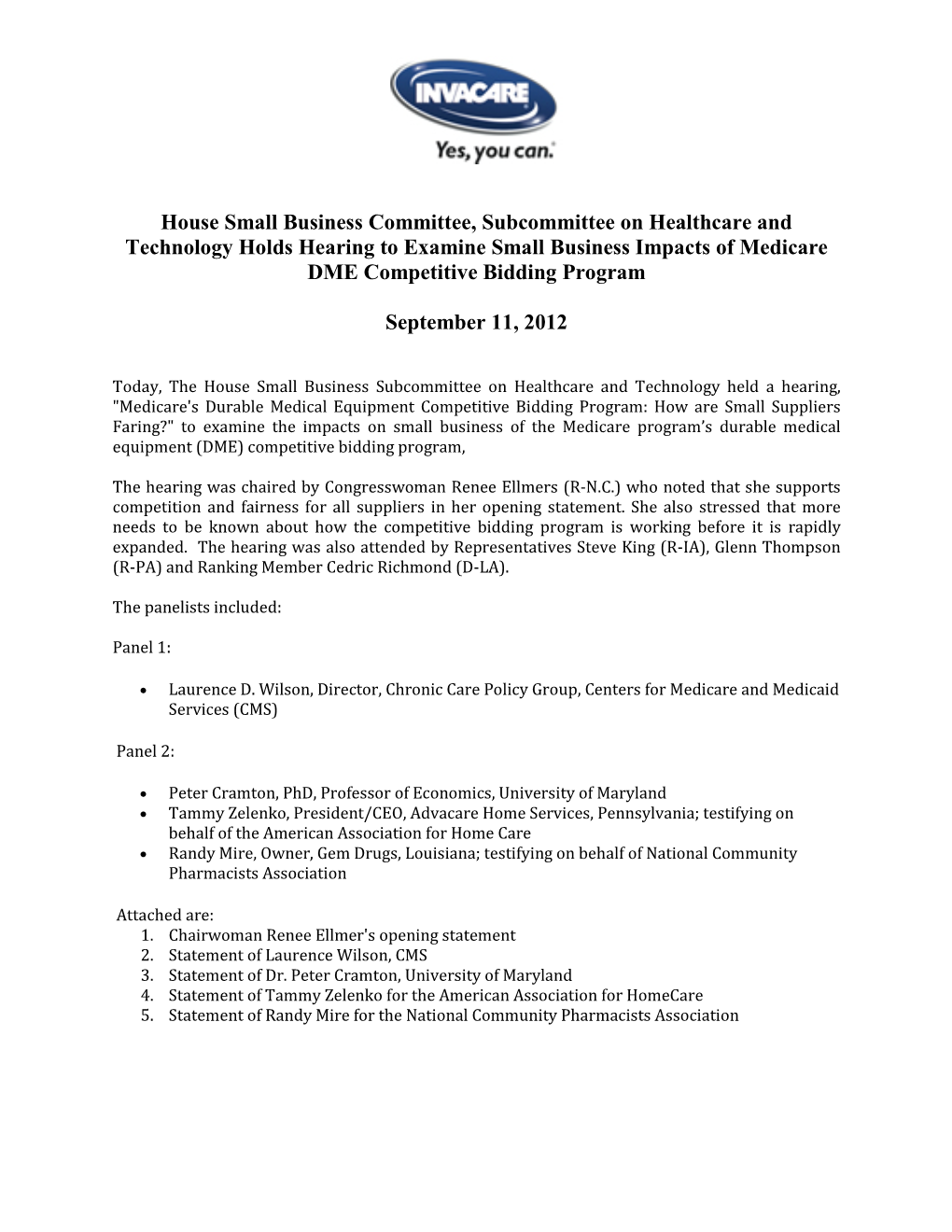 House Small Business Committee, Subcommittee on Healthcare and Technology Holds Hearing to Examine Small Business Impacts of Medicare DME Competitive Bidding Program