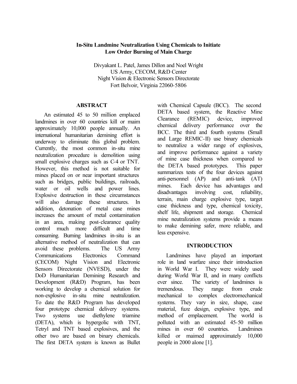 In-Situ Landmine Neutralization Using Chemicals to Initiate Low Order Burning of Main Charge