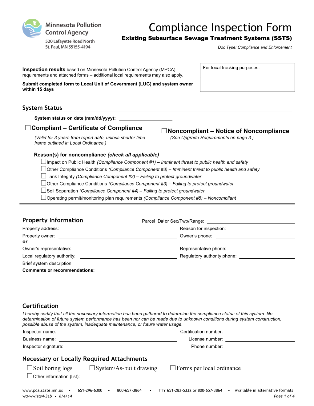 Compliance Inspection Form - Existing Subsurface Sewage Treatement Systems (SSTS)