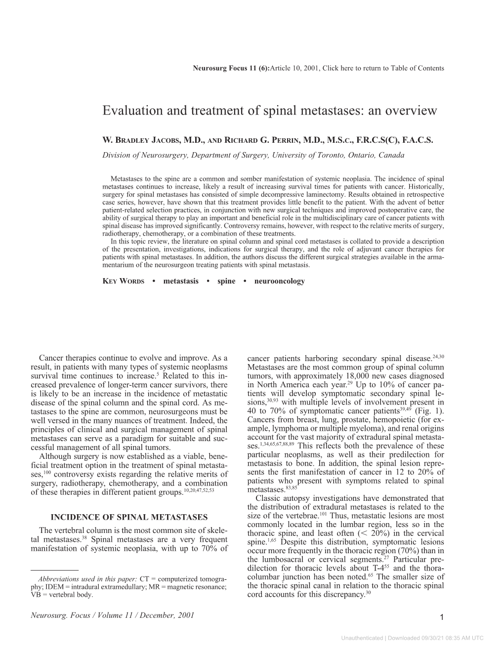 Evaluation and Treatment of Spinal Metastases: an Overview